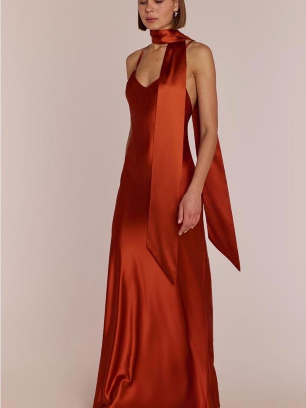 Satin Slip Maxi Dress with Long Neck Scarf in Rust